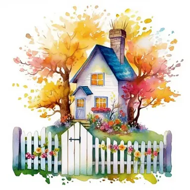 clipart, isolated on white background, beautiful cute Watercolor Spring Cottage - cute little house with fence and chimney, tree and flowers, ornated, vivid and saturated colors