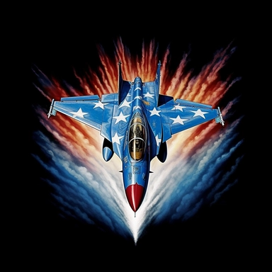 As you gaze down from above, describe the magnificent sight of a fighter jet streaking through the sky, leaving a trail of smoke that forms the iconic red, white, and blue of the American flag , airbrush art , outrun , clipart , black background