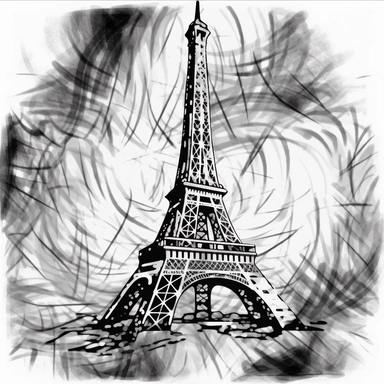a drawing of abstract Eiffel Tower, background png clipart, in the style of expressionist chaos, burned/charred, disney animation, ilford pan f, dayak art, monochrome landscapes, radiant clusters