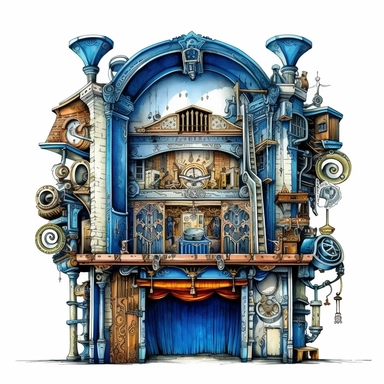 theater scene in the style of steampunk, with royal blue curtains embellished with detailed mechanical motifs, the stage bearing a backdrop of an automated cityscape, hyper-realistic, watercolor, intricate details, retro-futurism, solid white background, watercolor clipart.