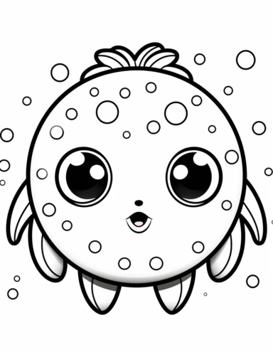 Cute Pufferfish - Marvel at a kawaii pufferfish, its round body adorned with inflated cheeks and an adorable expression. For Simple Coloring page,line art, thick lines, black and white,clipart, illustration, on white background,Detailed,Details