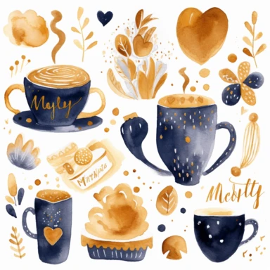 collection of watercolor clipart, hearts and coffee theme, by mary blair, white background, navy blue, gold and chocolate colors, print on demand image, PNG transparent background, white background, 8k