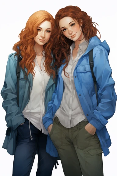 two fullbody women at their backs , best friends, wearing blue pants and jackets, clipart