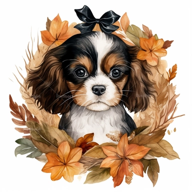 create a beautiful original high quality highly detailed watercolor clipart image of a small and adorable brown and black king charles cavalier puppy smiling with the puppys head sticking out of the middle of a beautiful autumn wreath made out of fall leaves and small pumpkins, include high detail to the puppys fur, include great detail to the wreath, white background, no text, no font, no words