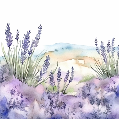 Clipart, watercolor, lavender fields, botanical illustration, hand drawn, texture