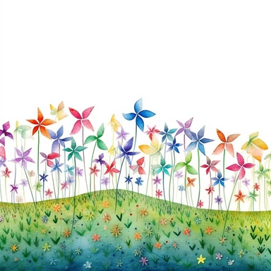 border of pinwheels in grass fields, detailed, clipart on white background, pastel watercolor