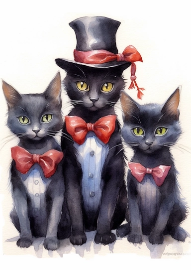 simple, vintage, cute 3 Halloween black cats, with a hat, and wearing bow ties, clipart style, color pencil technique, super high quality, high resolution on a white background