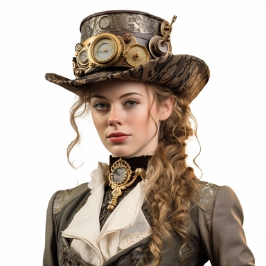 Solid white background. Waist-up portrait of a lovely Victorian steampunk woman, her enticing gaze accompanied by a faint smile. Her ivory skin enhances her classic gold and rust attire, reflecting Victorian aesthetics with steampunk mechanics. Her hat, complete with a built-in clock, adds to her look. The backdrop lacks steampunk elements. Pastel clipart, hyper-realistic, retro-futurism, solid white background
