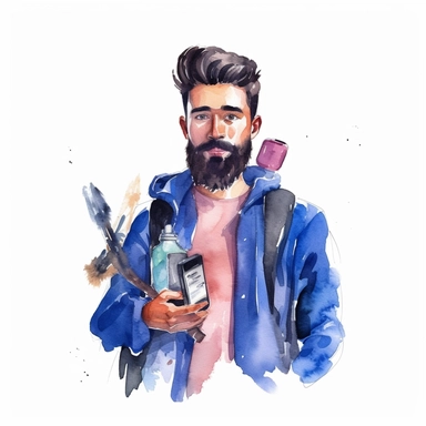 close shot of a man with beard and stylish haircut, barbar, holding sizer and barbar stuff, water color clipart, White background