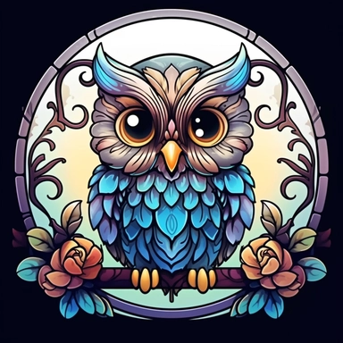 colorfull baby owl with lovely big eyes, cute, the vintage style window behind, black color line, vector, clipart,