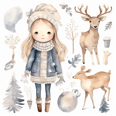 Watercolor collection clipart winter elements snowflakes, kawaii reindeer, ice skating, scarf, neutral colors, no background