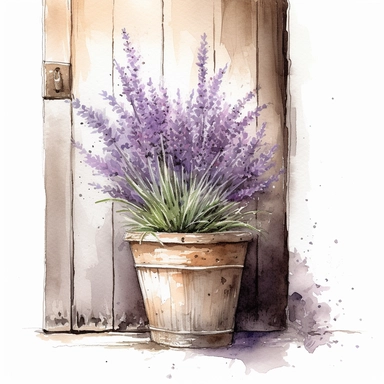 Create a beautiful watercolor clipart of a dried bunch of a French lavender. potted plant against a rustic farm door. The composition should be set against an isolated white background, with a bright and airy feel. Focus on capturing intricate details such as the delicate petals of the lavender. Use a loose and fluid watercolor technique to create a sense of movement and lightness. Experiment with the use of negative space to create a sense of depth and perspective. Consider adding small splatte