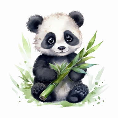cute panda bear holding bamboo clipart, watercolor style, hyper realistic, detailed, white background