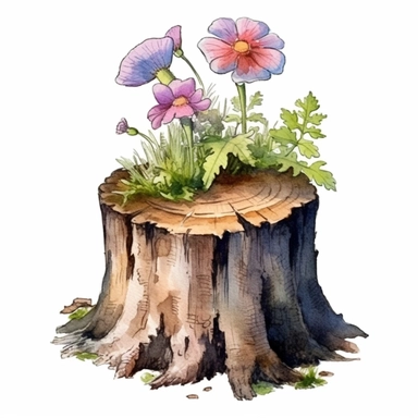 one woodland flower growing from tree stump watercolor clipart detailed