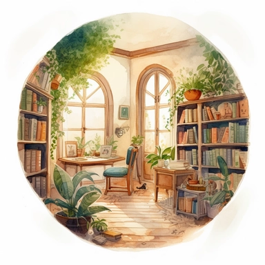 a watercolor clipart of a bookroom with a big round window, white background clipart, plants and nature, in the style of darkly romantic illustrations, uhd image, studyplace, fairycore, charming character illustrations