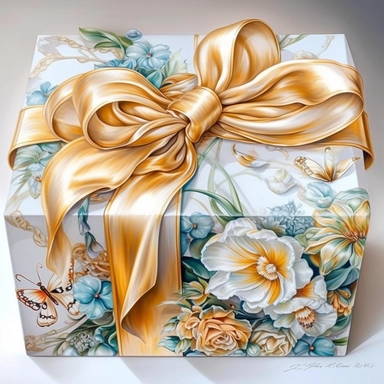 insanely beautiful wrapped gift , in the style of beatrice potter and jody Bergsma, silk bow,32k uhd, hand-painted details, pastoral illustrations, amazing colour combinations , aquarellist, hd , white background clipart ,-- no watermark--ar 27:37