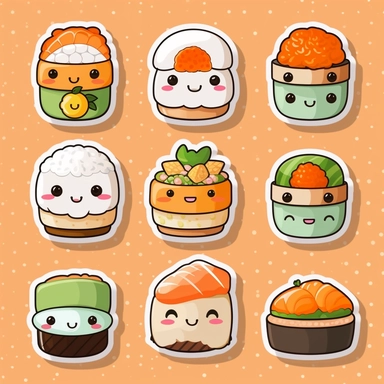 Cute Adorable Kawaii Food Stickers, Kawaii Food Clipart, Sushi Japanese Food, Free Commercial Use, Printable Stickers
