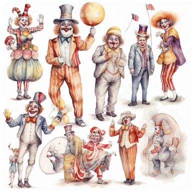 hand drawn vintage circus clowns acting silly , glamorous, soft, detailed and realistic, watercolor, clipart style, white background with margins