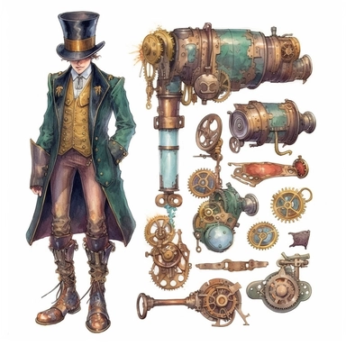steampunk victorian prototype, full body, watercolor, gears, pinions, calipers, clocks, rivets, top hat, clipart, duo tone, realistic, ultra resolution, vivid detail, 8k, minimal watercolors, white background