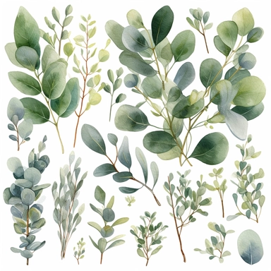 watercolor greenery eucalyptus clipart, white background, HD,