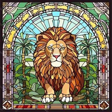 Rectangular stained glass window design, square corners 90 degrees, no background, view from solarium in the atrium, lion in the rainforest, very detailed, clipart, clear crisp colors, photorealistic, oil paint, happy, beautiful, bright colors, cute, ultra-detailed, on a white background - - no cropping