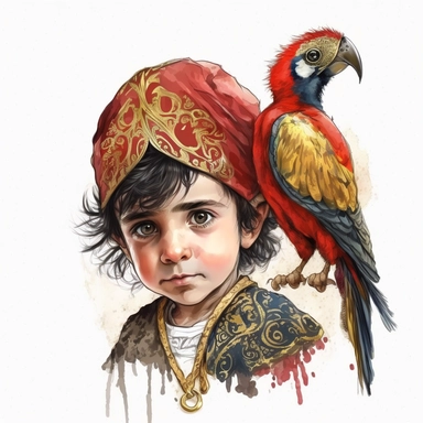 boho little BOY, big eyes, DISNEY character Jafar, RED macaw, GOLD staff with COBRA HEAD, very detailed and realistic, watercolor, portrait , white background with margins, clipart style,
