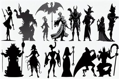 silhouettes of swindlers, monks, demons, mythological characters, disguised people, magicians, fools, lunatics. Bizarre, whimsical, random, victorian, theatrical, funny. Black and white clipart collection, white background
