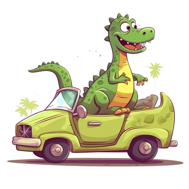 Character Dinosaur rides in a convertible, car without a roof, no background, kids style, 2D, vector, good quality, Pixar children's book illustration, vector, cartoon character, hand drawing, clipart