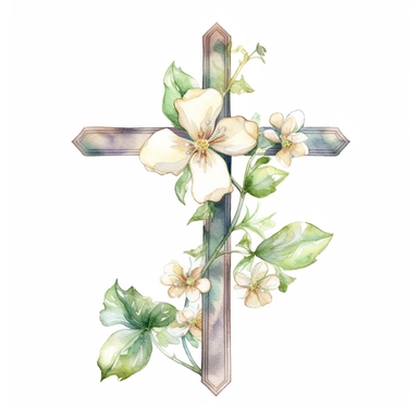 Watercolor sketch of floral cross, natural single design, highlydetailed, clipart style, white background, 8k