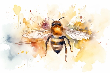 a watercolor clipart of a honey bee with delicate and fine brushstrokes, depicting the bee's fuzzy body, translucent wings, and long antennae. Add a touch of floral elements around the bee, such as colorful flowers or green leaves, to evoke the bee's role in pollination. The color palette should be bright and cheerful, with a focus on golden yellows, warm oranges, and soft browns. Overall, the artwork should convey the beauty and importance of this small but vital insect in nature