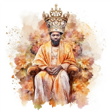 Watercolor floral African American king with a crown, radiating with fire in a pulpit, realism, earth tone colors, png format,Clipart, Sublimation, white background