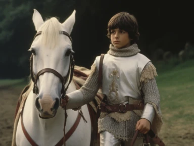 arthur as a young squire is walking next to a white horse, medieval clothing, vhs clip of 1981 movie the grail, in the style of home video, video prompt