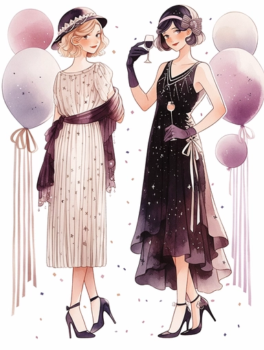 two 20-years-old fashion girls in 1920s are showing their different outfits, happycore, traditional, clipart set, color hand drawn watercolor illustration, isolated image white background