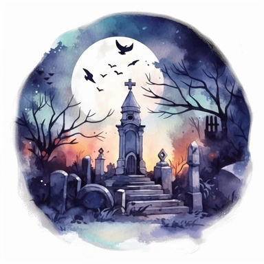 a watercolor sketch of a graveyard with graveyard full moon, in the style of charming illustrations, vanitas, tattoo-inspired, nightcore, andrei markin, digital art techniques, restrained color palette , isolated white background, clipart,