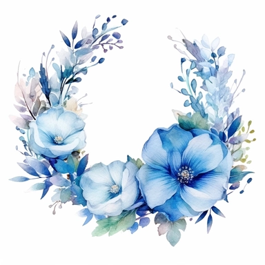 beautiful watercolor floral wreath with decorative elements, blue, flowers, leaves, clipart, isolated on white background, bojo, vintage, lithograph, 32k uhd, texture
