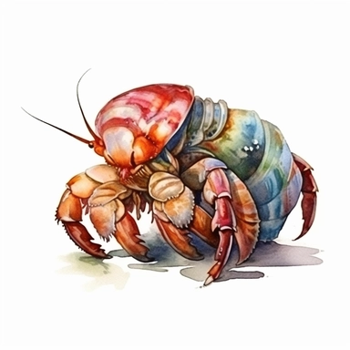 A Watercolor Hermit crab, full body, vividly bold designs png realistic cartoon in 32K UHD cute. 15 cm thick outline. There was no shadow on the ground. 8k with realistic watercolors. and detailed illustrations, clipart, white background