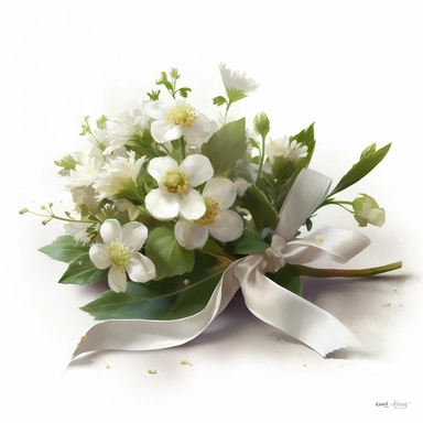 a simple gorgeous white wildflowers and white flowers corsage with ribbon and greenery on white background clipart, color theme white and green, watercolor painting realistic, high quality, vibrant, Vicente Romero Redondo, Willem van Aelst, Elsa Beskow