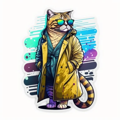 Logo of a picture of a lazy cat wearing sunglasses and a trench coat, full body, inspired by Hanns Katz, reddit contest winner, logo, relaxed colors, liquid cooled, 70's, clipart, chill out, retro, Striped cat, design for sticker, full body, white background, with margins