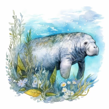 hand drawn Florida manatee, in crystal blue water, underwater with plants, very detailed and realistic, watercolor, white background with margins, clipart style