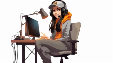 Side sitting posture of an animated girl wearing t shirt character design, wearing headphones on her head, sitting on a chair, in a professional recording studio background, there is a microphone on the table, full body, drawing a face in maximum quality, high-quality drawing of the face, clipart, full illustration, 4k, sharp focus, smooth, soft skin, symmetrical, detailed face, concept art, style fairy tales, chibi kawai, Octane rendering, 3d, perfect face, detailed face, delicate face, perfect