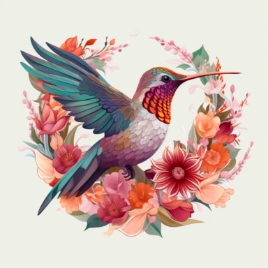 A captivating and highly realistic illustration of a hummingbird, beautifully captured in a vector format with a flat design aesthetic. The hummingbird's intricate feathers, delicate beak, and graceful posture are meticulously depicted, showcasing its natural beauty. It is surrounded by a circular arrangement of colorful flowers, each bloom meticulously crafted with vibrant colors and detailed shapes. Against a clean white background, this clipart provides the perfect base for t-shirt designs, a