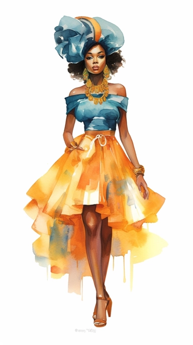 A vibrant watercolor illustration featuring an African American girl with a unique sense of beauty and style. Her hair is depicted with intricate textures and patterns, showcasing her natural beauty. The girl is shown in a fashionable outfit, exuding conf