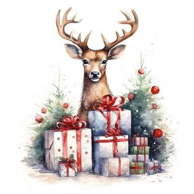 one watercolor christma deer clipart with christmas gifts and a tree on a white background, in the style of amanda clark, glorious, depictions of animals, realistic watercolor paintings , no watermark, text, 300 DPI , typography, shapes do not stick together, no text in the picture, on a white background