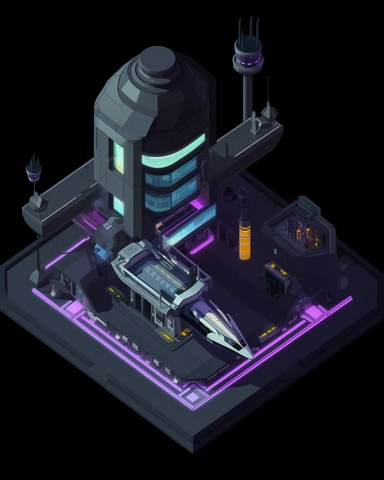 isometric perspective, game sprite, futuristic small spaceship hanger concept, gaming asset, sci-fi, fun, creative, cartoon, clipart, hyper-detailed, black background,