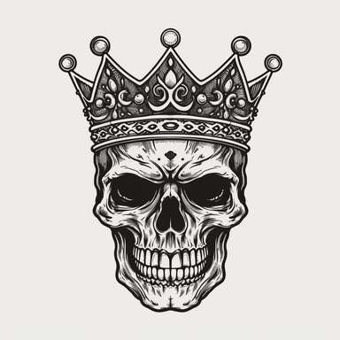 simple vector drawing of a skull with a crown, clipart, flat 2d vector, black and white, white background, svg cut file, line art drawing