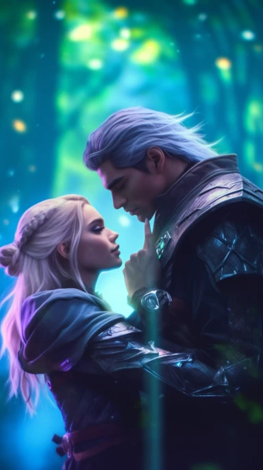 Clipart, just real, cinematic lighting, couple of elf lovers, kiss , white hair, man with medium hair, green eyes, fantasy background, synthwave style, 8k,