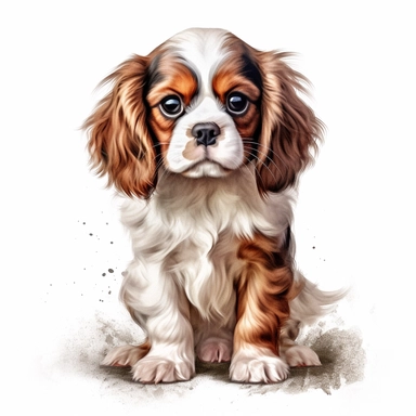 Watercolour cute Cavalier King Charles Spaniel puppy sitting, beautiful details, ultra detailed, ultraphoto real intricate detailed, high definition, graphic clipart, hyper realistic,detailed, white background