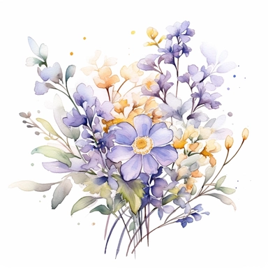 watercolor botanical flower arrangement with spring wild flowers, in the style of Francis Marte, watercolor art with delicate ink outline, soft atmospheric scenes, soft and dreamy atmosphere, poetic and atmospheric style, decorative paintings,white background, clipart