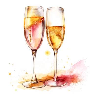 beautiful Watercolor Birthday celebration champagne glasses, Clipart, pink and gold theme, white background for easy background removal