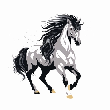 Clip Art, 2d, Flat Vector, SILVER ARABIAN Breed Horse With BLACK Extremely long thick Mane LOGO on White Background, NO TEXT, NO WATERMARK,